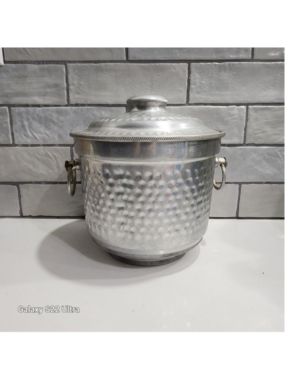 Ice Bucket Vintage Mid Century Modern with Lid. Hammered Aluminum Made in Italy.